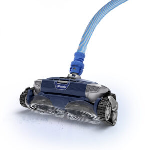 Robotic pool cleaner with dual wheels and a blue hose attachment on a white background.
