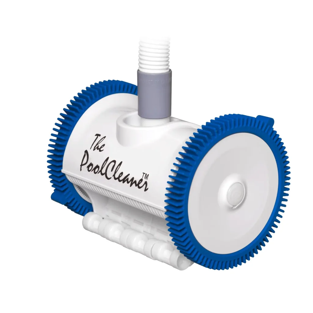 A white and blue automatic pool cleaner with two large toothed wheels and a top hose connector, labeled "The PoolCleaner.