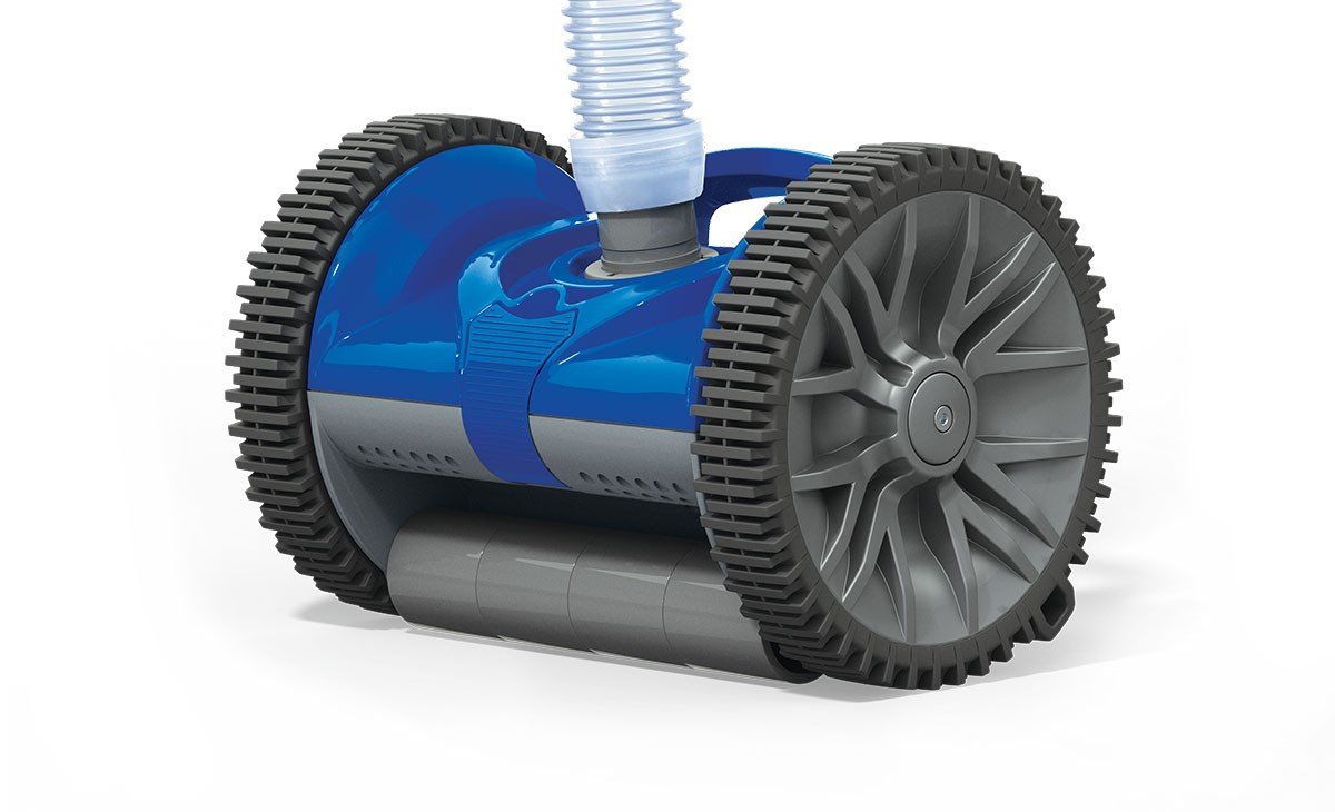 A close-up view of a blue and gray automated pool cleaner with large rubber wheels and a hose attachment on top, featured in our Pentair Rebel Pool Cleaner Review: Superior Cleaning Performance.