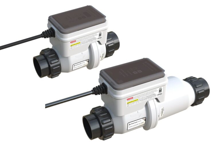 Two identical IntelliChlor Plus & LT Salt Chlorine Generators with black cables and fittings, featuring labeled white bodies and dark covers, are placed on a white background.