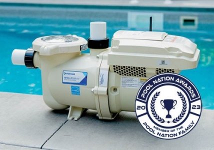 A pool pump, part of Pool Equipment Upgrades: Energy-Efficient Pumps & Systems 2025, sits on the pool’s edge with a "2023 Pool Nation Awards" badge proudly displayed in the foreground.