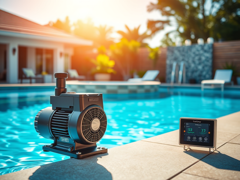 A pool pump and a digital control panel, part of Pool Equipment Upgrades: Energy-Efficient Pumps & Systems 2025, are positioned on the edge of a swimming pool in a sunny, modern backyard setting.