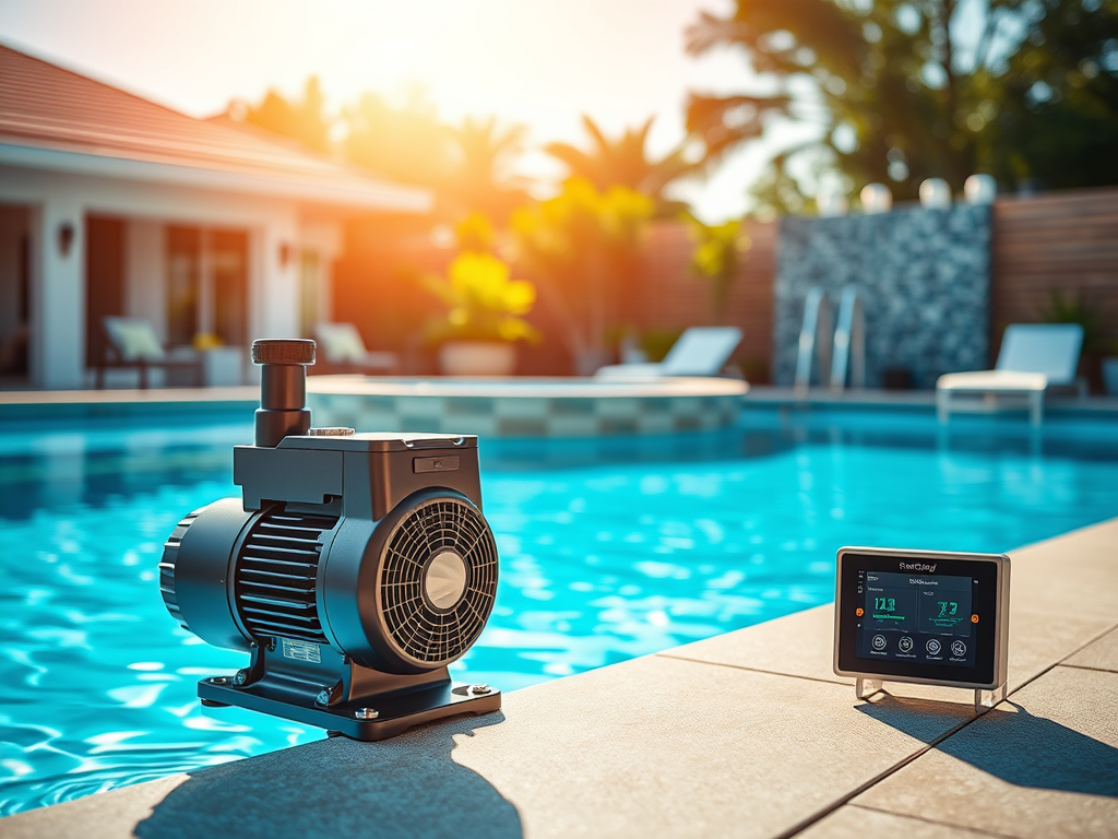 A pool pump and a digital control panel, part of Pool Equipment Upgrades: Energy-Efficient Pumps & Systems 2025, are positioned on the edge of a swimming pool in a sunny, modern backyard setting.
