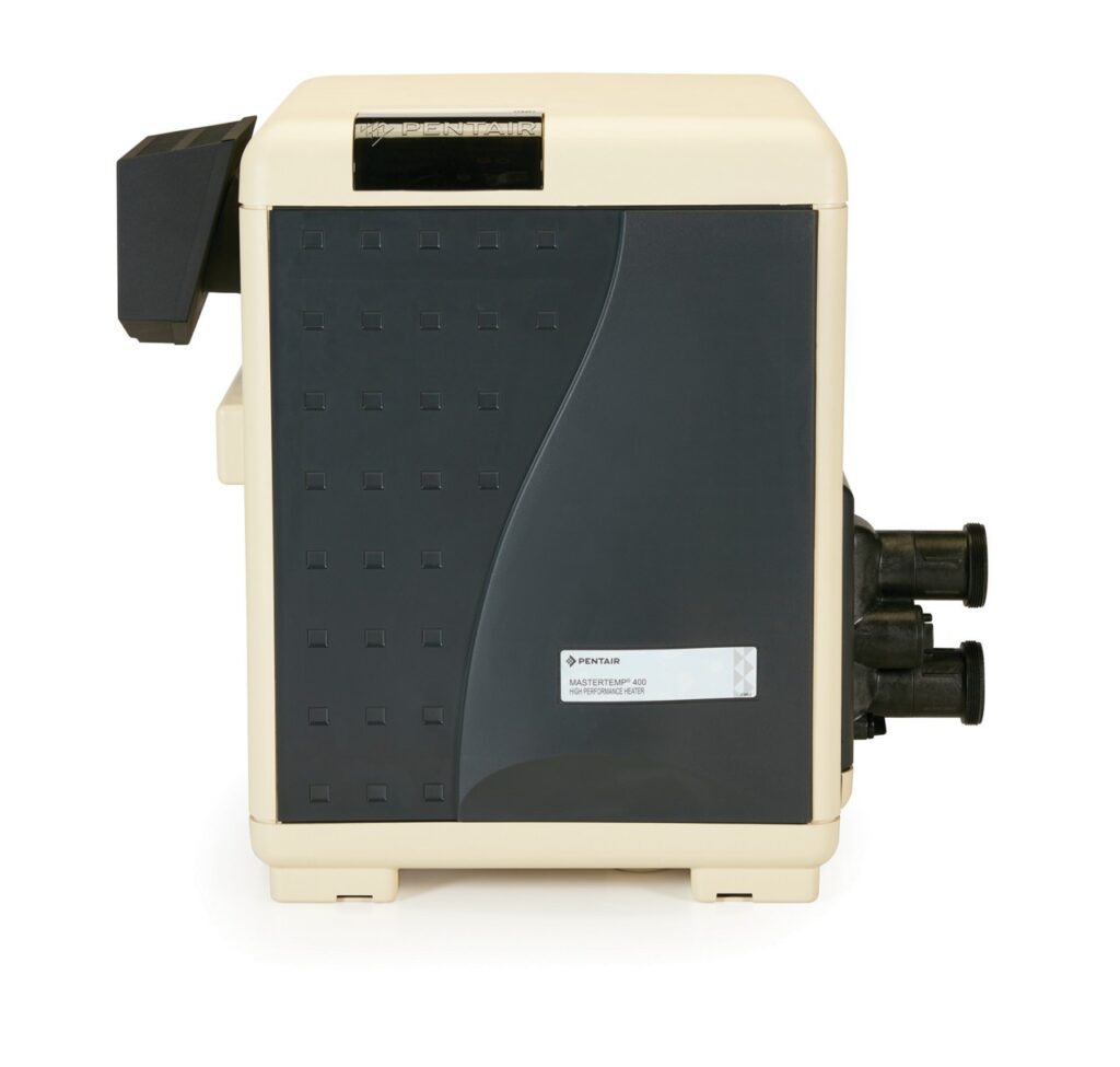 A beige and black Pentair MasterTemp 400 pool heater with multiple pipe connections, shown against a white background.