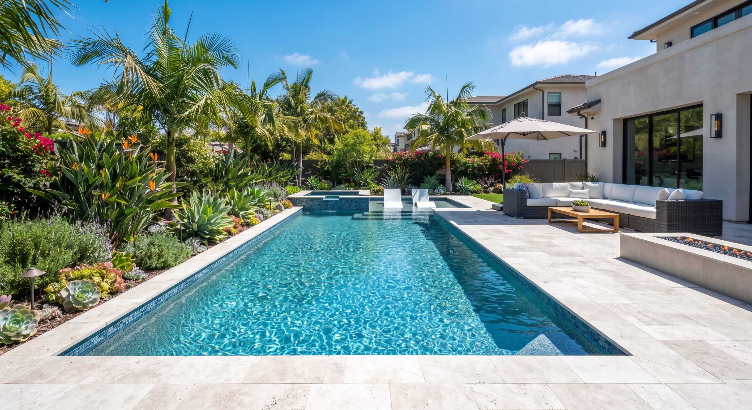 Turquoise swimming pool beside palm trees and a modern stone patio